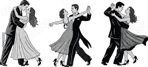 Retro style illustration set of three dancing couples performing waltz tango and swing steps with vintage halftone texture and pop art shading
