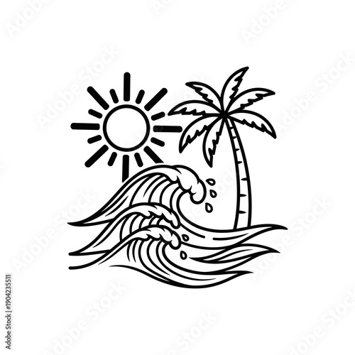 Black and white illustration of a tropical island scene with a palm tree and wave.