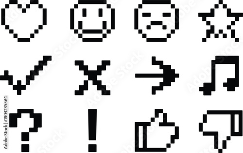 Retro pixel art icons set, emotive symbols, hearts, stars, arrows, check marks, thumbs up, thumbs down, music note