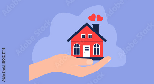 Cozy Home Vector Illustration A Hand Holding a Red House with Heart-Shaped Smoke, Symbolizing Love and Comfort