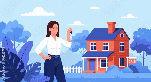 Satisfied Woman Holding House Key in Front of a New Home Real Estate Vector Illustration