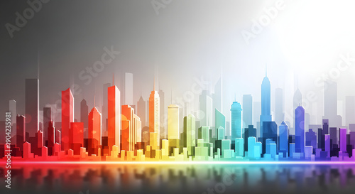 Vibrant cityscape with rainbow colors and modern skyscrapers