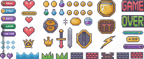 Retro pixel art video game assets pack, UI buttons, coins, hearts, potions, treasure chest, sword, shield, gems, fantasy icons