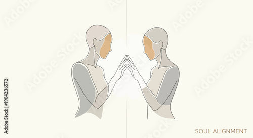 Minimalist line art illustration depicting two mirrored figures connecting their hands representing duality balance and spiritual soul alignment concept