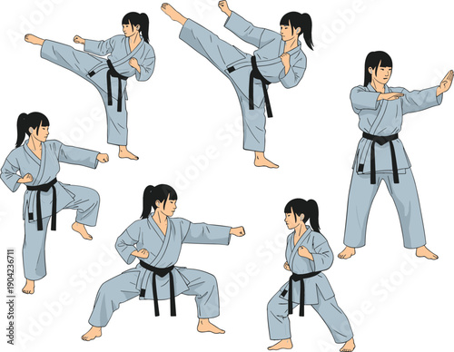 Martial Arts Training Poses Vector Illustration Set with Karate and Taekwondo Techniques, Fighting Stances, Kicks, Punches, and Traditional Uniforms