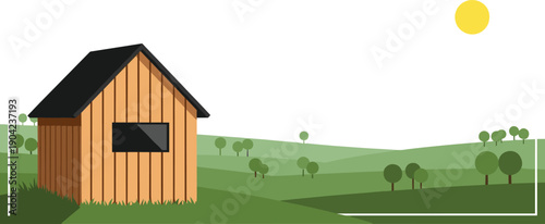 Minimal Rural Landscape with Wooden Barn, Green Hills, Trees, and Sun, Flat Vector Illustration for Agriculture, Countryside, and Nature Themes