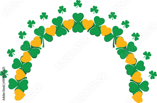 Decorative arch illustration of green shamrocks and yellow hearts arranged symmetrically, ideal for St. Patrick’s Day, Irish culture, or festive vector artwork.