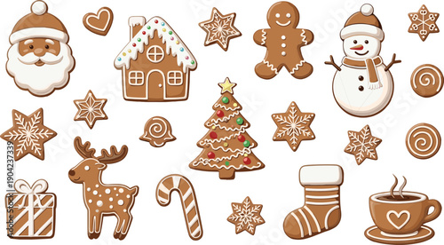 Festive gingerbread cookie illustration set featuring Santa, snowflakes, gingerbread man, reindeer, Christmas tree, candy cane, and holiday treats decorated with icing.