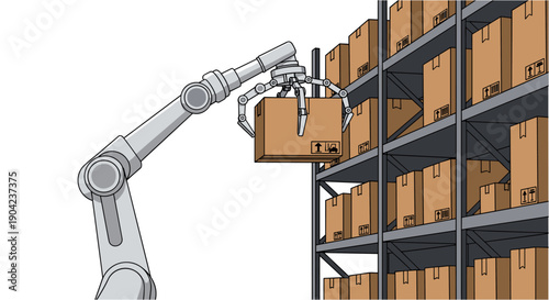Automated robotic arm efficiently handles and stores a cardboard box on a rack in a modern warehouse, showcasing advanced logistics and industrial automation.
