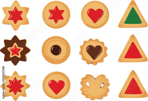 Holiday cookie illustration set featuring 12 unique designs in star, heart, circle, and triangle shapes with colorful fillings for festive dessert vector artwork.