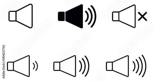 Minimal line art and filled sound icon set featuring various volume indicators and a mute symbol for digital applications