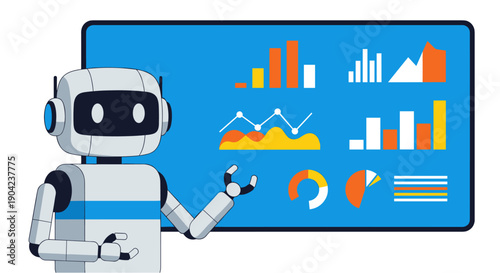 An artificial intelligence robot presents data analytics and business intelligence on a modern digital screen, showcasing technological advancements in data visualization.