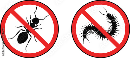 No Insects Prohibition Icon Vector Set with Ant and Centipede Warning Symbols for Pest Control, Hygiene Signs, and Safety Notices