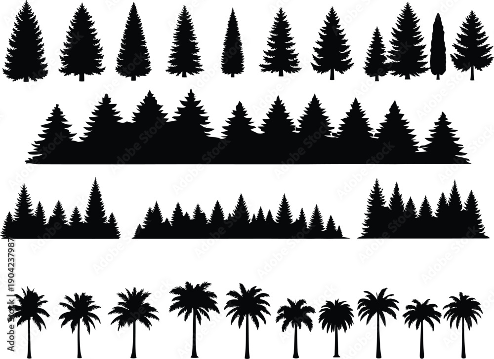 Fototapeta premium Mega Tree Silhouettes Pack, Tropical Palm Pine and Forest Border Vector Elements