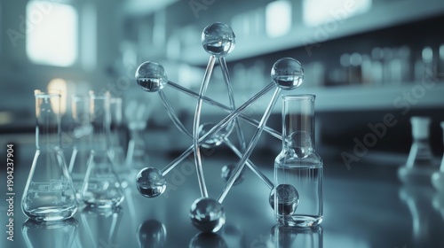 Gleaming atomic models representing interconnected elements in a scientific laboratory with beakers and liquid