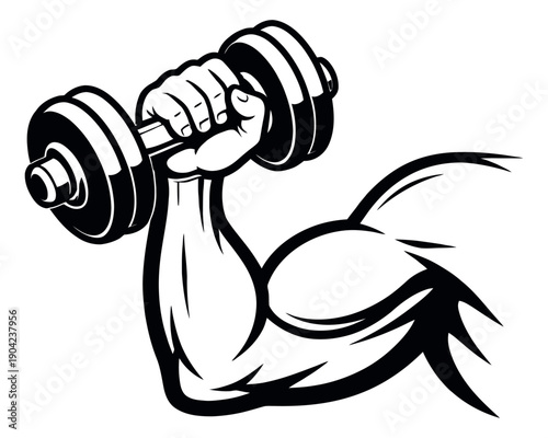 Graphic illustration of a muscular arm holding a dumbbell depicting strength and fitness for gym and workout designs