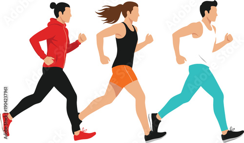 People Running Fitness Vector Illustration Set with Men and Women Jogging, Cardio Exercise, Sports Training, and Healthy Active Lifestyle Concept