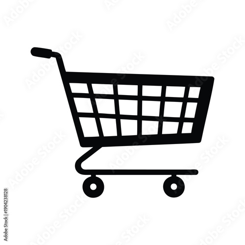 Shopping cart with wheels in black and white silhouette vector illustration, shopping cart in supermarket aisle silhouette vector illustration
