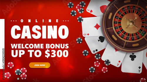 Online casino, red banner for website with button, welcome bonus, Casino roulette with poker chips and playing cards, top view.