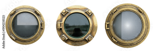 Φωτογραφία Set of vintage brass ship portholes isolated on white background, antique bronze