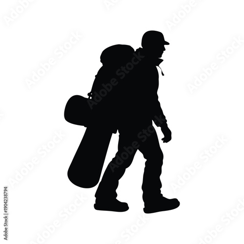 A person carrying a backpack and a guitar, walking with determination, silhouette vector illustration, snowboarder with backpack silhouette vector illustration