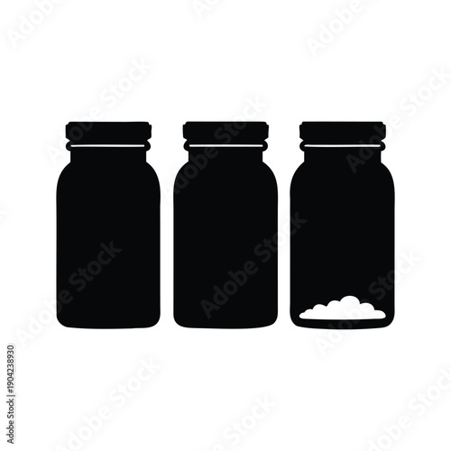 Silhouette of three jars with one containing powder, minimalist vector illustration, spices jars silhouette vector illustration