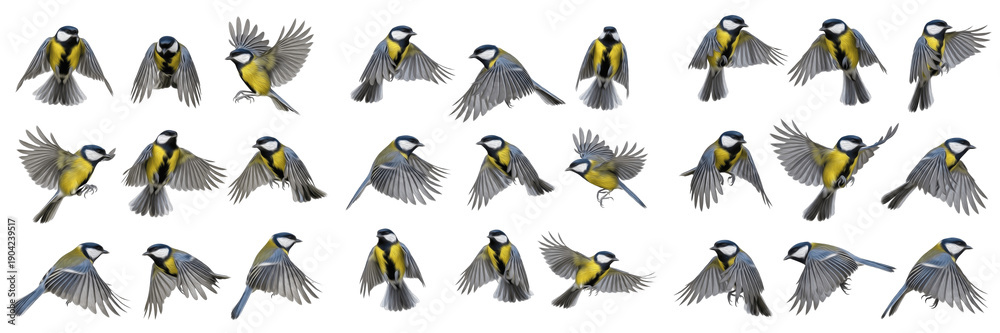Naklejka premium Great Tit bird flying sequence set isolated on white background, multiple poses of Parus major in flight