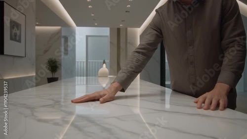 Man touching white marble countertop in modern kitchen interior