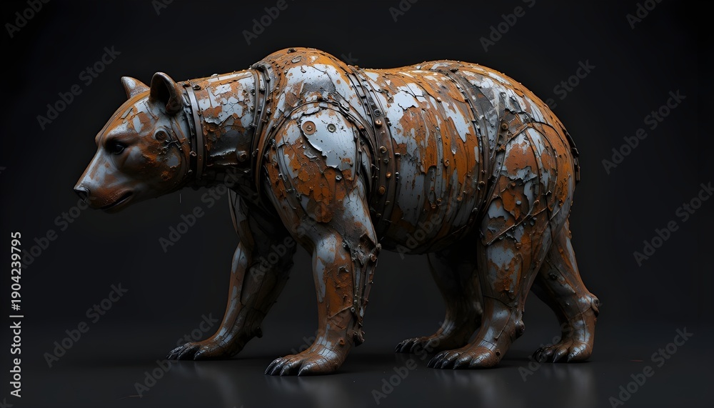 Fototapeta premium Rustic metal bear sculpture with peeling paint on dark background