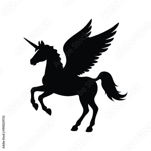 Silhouette of a majestic pegasus in mid-flight, mythical creature with wings spread wide, silhouette vector illustration, unicorn with wings silhouette vector illustration