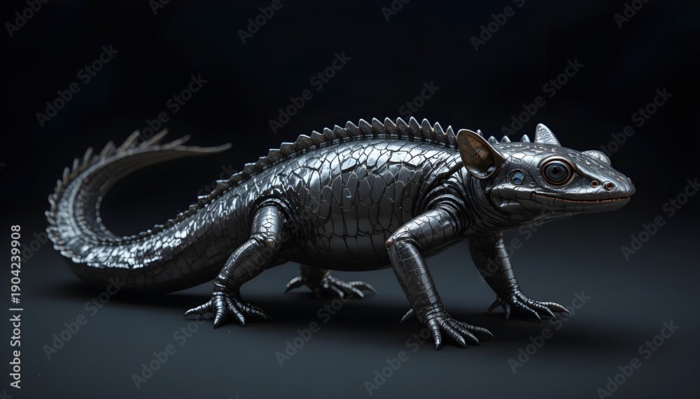 Fototapeta premium Metallic lizard creature with spiky scales on dark background