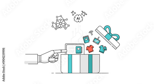 An AI-powered robotic hand interacts with a digital tablet, revealing a gift box filled with various modern tech gadgets and clothing items, illustrating innovation and smart shopping.