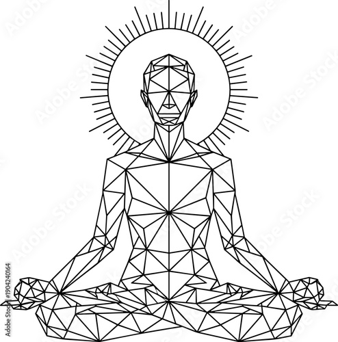 Geometric Wireframe Yoga Meditation Pose Vector Illustration. Low Poly Human Figure in Lotus Position with Sun Halo, Outline Style for Wellness and Spiritual Design and Logos.