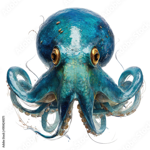 Blue octopus with golden eyes, curling tentacles, detailed textures and colors
