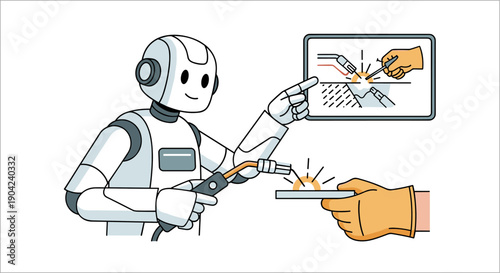 A friendly robot demonstrates welding techniques, pointing to a visual guide while a gloved hand performs the task, illustrating advanced manufacturing and automation.