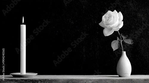 Monochrome floral candlelight installation art vector, black white contrast experimental composition, open text space conceptual design, suitable for gallery exhibition contemporary art catalogue, con