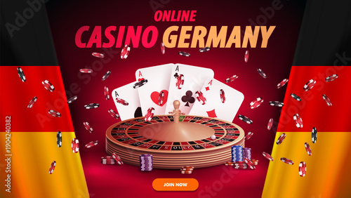 Online casino in Germany, red banner with a spinning roulette wheel and a playing cards in red scene with curtains of Germany flag on background.