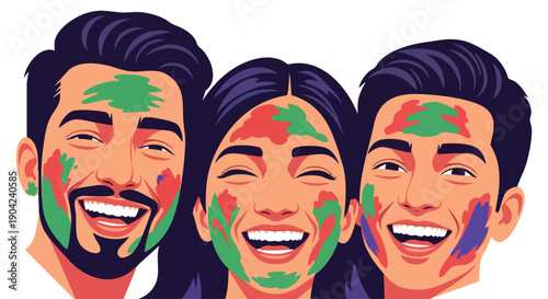 Vector illustration of three happy people celebrating Holi festival with colorful powder on their faces, wearing traditional Indian clothes, against a white background.