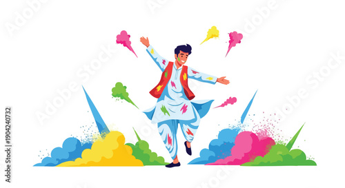 Vector illustration of a joyful man celebrating Holi festival with colorful powder and traditional Indian clothes on a white background.