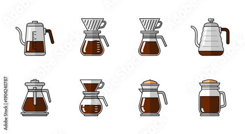 A comprehensive collection of flat design icons depicting various coffee brewing methods and equipment, perfect for modern digital projects.
