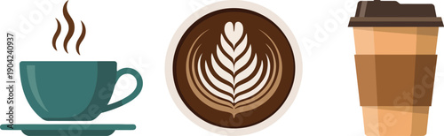 Assortment of Coffee Icons Including Steaming Hot Cup, Latte Art Design, and Disposable To-Go Cup for Cafe Beverage Collection