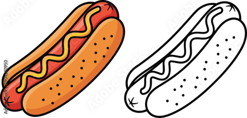 Delicious hot dog with mustard in bun illustration set including a colorful cartoon version and a black and white line art version.