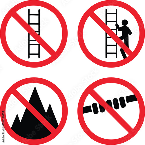 Collection of Four Prohibition Signs Showing Restrictions Against Climbing Ladders, Mountain Climbing, and Holding Ropes in Safety and Warning Contexts