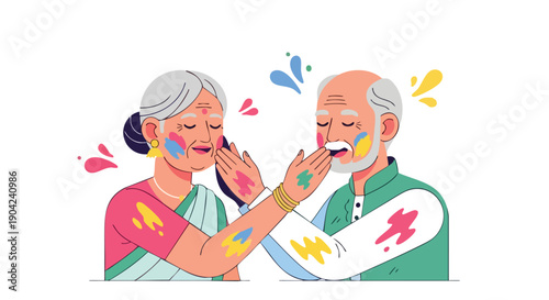 Vector illustration of a smiling elderly Indian couple celebrating Holi festival with colorful powder and traditional clothes on a white background.