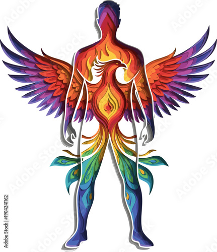 Dynamic Phoenix Spirit Vector Art: Colorful mythological bird rising from fire inside a standing human silhouette, symbolizing spiritual energy, renewal, and powerful transformation.