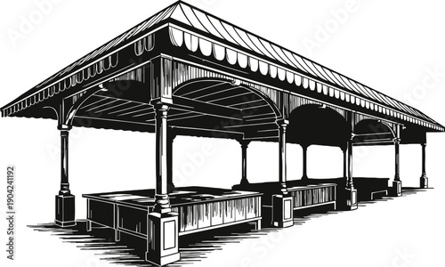 Covered market stall structure with ornamental columns and striped canopy roof design