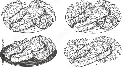 Grilled salmon steak with lemon and lettuce, healthy seafood meal illustration set in black and white line art