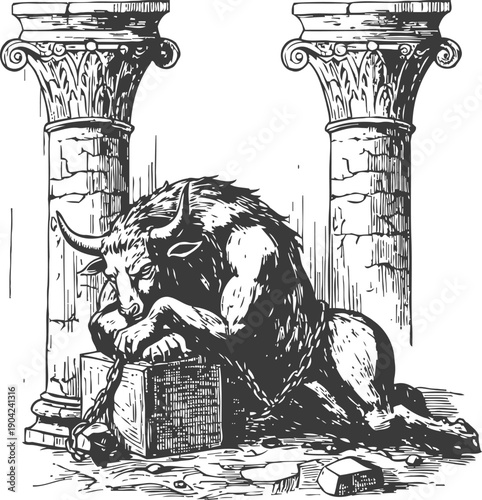 Sad chained minotaur sitting on stone block between ancient broken columns in ruined temple