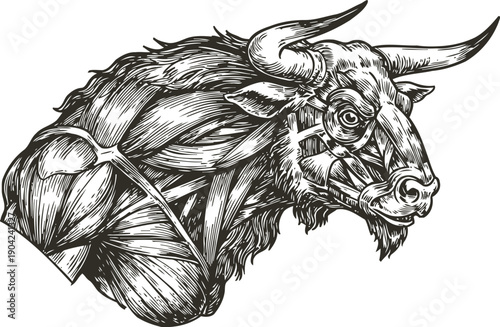 Anatomical black and white illustration of a bull head showing muscles and bone structure detail
