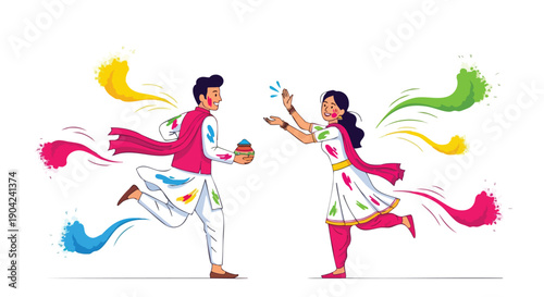Vector illustration of a man and woman celebrating Holi festival with colorful powder and traditional Indian clothes on a white background.